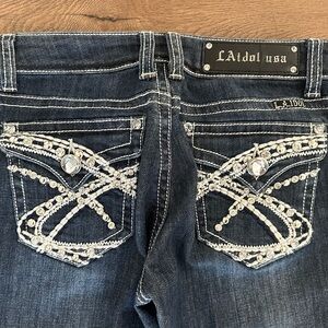 Y2K Style L.A. idol Women's Dark Blue Denim w Rhinestone Pockets Boot Cut Jeans